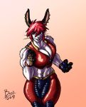  boo3 boo_(boo3) breasts bulge cleavage clothed clothing hair intersex lagomorph mammal muscular muscular_dickgirl muscular_intersex piercing rabbit red_hair rubber shiny 