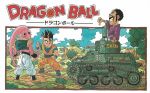  90s black_hair black_sclera boots character_name copyright_name day dougi dragon_ball dragon_ball_z facial_hair grin ground_vehicle highres karate_gi majin_buu military military_vehicle motor_vehicle mr._satan multiple_boys mustache official_art outdoors parted_lips pink_skin riding sideburns smile son_gohan standing tank thumbs_down toriyama_akira type_94_tk vehicle 