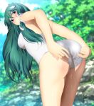  1girl adjusting_clothes adjusting_swimsuit ass bangs bare_arms bare_legs bare_shoulders bent_over blue_eyes blush breasts closed_mouth from_behind green_hair highres kochiya_sanae leaning_forward legs long_hair looking_back medium_breasts outdoors solo standing swimsuit thighs touhou trees wet white_swimsuit yadokari_genpachirou 
