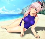  1girl bare_arms bare_legs bare_shoulders barefoot beach blue_eyes blush breasts closed_mouth clouds day earrings fate/grand_order fate_(series) feet groin hair_ornament hair_up highres jewelry large_breasts legs long_hair looking_at_viewer lying miyamoto_musashi_(fate/grand_order) ocean on_side one_eye_closed outdoors pink_hair sand shadow shiny shiny_clothes shiny_skin sky smile solo swimsuit thighs toes water wink yadokari_genpachirou 