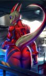  anthro bodysuit butt clothing female gloves glowing glowing_eyes horn lizard looking_down neon_genesis_evangelion reptile scalie skinsuit skygracer smile solo standing thick_thighs tight_clothing 