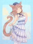  animal_ears blue_background bow breasts brown_eyes brown_hair cat_ears cat_tail choker cleavage dress dress_lift facial_mark final_fantasy final_fantasy_xiv frilled_dress frills hat highres lifted_by_self medium_breasts miqo'te mozuku_(mozuuru0323) pointing pointing_at_self ribbon_choker short_hair smile solo standing tail thighhighs white_dress 