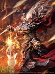  armor cloud copyright_name fire gloves highres legend_of_the_cryptids long_hair male_focus official_art red_eyes sky solo sword weapon white_hair woo_chul_lee 