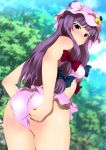  1girl adjusting_clothes adjusting_swimsuit ass bare_legs blush breasts closed_mouth cowboy_shot day embarrassed forest from_behind hair_ribbon highres legs long_hair looking_back matching_hair/eyes nature outdoors patchouli_knowledge purple_eyes purple_hair ribbon sky small_breasts solo standing swimsuit thighs touhou trees yadokari_genpachirou 
