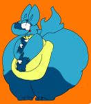  2018 ambiguous_gender anthro big_butt blue_fur butt fur hand_on_chest huge_butt hyper hyper_butt hyper_thighs lemontree looking_back love_handles lucario mammal morbidly_obese nintendo nude obese orange_background overweight pok&eacute;mon pok&eacute;mon_(species) simple_background smile solo standing thick_thighs tongue toony video_games yellow_fur 