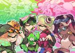  3boys 6+girls afro aori_(splatoon) asymmetrical_hair bandana casual cat cephalopod_eyes commentary crown dark_skin earrings fangs flag food food_on_head hime_(splatoon) hood hoodie hotaru_(splatoon) iida_(splatoon) ink inkling jajji-kun_(splatoon) jewelry kojajji-kun_(splatoon) looking_at_viewer monochrome_background multiple_boys multiple_girls object_on_head octoling open_mouth pointy_ears scarf smile splatoon_(series) splatoon_1 splatoon_2 squid suction_cups sunglasses symbol-shaped_pupils tank_top tentacle_hair tentacles wong_ying_chee yellow_eyes 