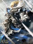  armor blonde_hair blue_eyes cloud copyright_name electricity gloves highres legend_of_the_cryptids long_hair male_focus official_art sky solo sword weapon woo_chul_lee 