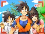  2boys :d ayo_(isy8800) bad_id bad_pixiv_id bangs black_eyes black_hair blush chi-chi_(dragon_ball) chinese_clothes couple day dougi dragon_ball dragon_ball_z eyebrows_visible_through_hair family father_and_son fingernails happy hetero house locked_arms looking_at_viewer lowres mother_and_son multiple_boys open_mouth outdoors plant pov recording shirt short_hair smile son_gohan son_gokuu spiked_hair tied_hair tree upper_body waving white_shirt 