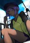  alternate_costume commentary_request dark_skin eyebrows_visible_through_hair fate/grand_order fate/prototype fate/prototype:_fragments_of_blue_and_silver fate_(series) from_below hair_between_eyes hassan_of_serenity_(fate) hat hekonda_kan looking_at_viewer looking_down purple_eyes purple_hair shirt short_hair short_shorts shorts sidelocks sitting solo t-shirt whistle 