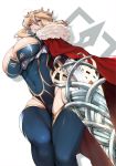  ahoge armor artoria_pendragon_(all) artoria_pendragon_(lancer) bangs blue_legwear braid breasts cape commentary_request crown fate/grand_order fate_(series) french_braid fur-trimmed_cape fur_trim gauntlets hair_between_eyes huge_breasts kamaboko_(ossann0125) lance polearm red_cape rhongomyniad sidelocks solo swept_bangs weapon 