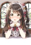  :d blush brown_eyes brown_hair commentary_request hair_ribbon hairband idolmaster idolmaster_cinderella_girls indoors interlocked_fingers lolita_hairband long_hair looking_at_viewer one_side_up open_mouth pentagon_(railgun_ky1206) ribbon shimamura_uzuki smile solo window wrist_cuffs 