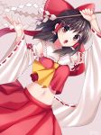  :o ascot bangs black_hair bow breasts brown_eyes crop_top crop_top_overhang detached_sleeves frilled_bow frills gohei hair_bow hair_tubes hakurei_reimu hakusai_ponzu holding long_sleeves looking_at_viewer medium_breasts medium_hair navel open_mouth red_bow red_skirt ribbon-trimmed_sleeves ribbon_trim skirt solo stomach touhou v-shaped_eyebrows wide_sleeves yellow_neckwear 