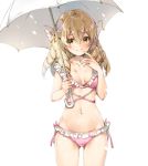  bikini blonde_hair bow closed_mouth commentary_request drill_hair fire_emblem fire_emblem:_kakusei fire_emblem_heroes hair_bow holding holding_umbrella long_hair mariabel_(fire_emblem) miwabe_sakura navel pink_bikini simple_background smile solo standing swimsuit umbrella white_background white_bow white_umbrella yellow_eyes 