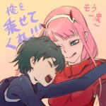  1boy 1girl bangs black_bodysuit black_hair bodysuit breasts comic commentary couple darling_in_the_franxx english_commentary eyebrows_visible_through_hair eyes_closed green_eyes hair_ornament hairband hetero highres hiro_(darling_in_the_franxx) horns industry_age lipstick long_hair looking_at_another makeup medium_breasts oni_horns pilot_suit pink_hair red_bodysuit red_horns short_hair tongue tongue_out translation_request white_hairband zero_two_(darling_in_the_franxx) 