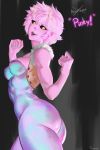  ashido_mina ass bare_arms bare_shoulders black_background black_sclera boku_no_hero_academia breasts butt_crack curvy hips horns huge_ass medium_breasts nail_polish pink_hair pink_skin ragecndy short_hair simple_background smile thick_thighs thighs vest wide_hips yellow_eyes 