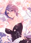  1girl aqua_(kingdom_hearts) armpits arms_up bangs bare_shoulders black_dress blue_hair blush breasts cherry_blossoms chromatic_aberration cleavage collarbone detached_sleeves dress female fingernails floral_background flower hair_between_eyes highres kingdom_hearts kingdom_hearts_birth_by_sleep large_breasts lips looking_at_viewer nail_polish neck open_mouth petals pink_eyes pink_flower short_hair solo strapless strapless_dress tamaki_(tmk-poison) white_detached_sleeves wide_sleeves 