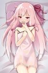  bed_sheet blush commentary_request covering_mouth dress eyebrows_visible_through_hair kotonoha_akane long_hair looking_away lying ominaeshi_(takenoko) on_back pillow pink_dress pink_hair solo strap_slip sweat very_long_hair voiceroid 