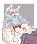  2018 4_fingers 4_toes anthro barefoot bed bedding biped black_nose blanket blush border bulge canine clothed clothing erection erection_under_clothes fennec fox fur fur_markings grey_fur hair hindpaw male mammal markings morning_wood multicolored_fur null_(nefariousnull) on_bed open_mouth pawpads paws pillow pink_eyes pink_hair pink_pawpads purple_background raised_arm shirt simple_background sitting solo stretching teeth thatwildmary tired toes tongue two_tone_fur underwear waking_up white_border white_fur yawn 
