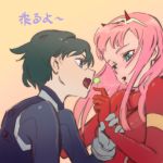  1boy 1girl bangs black_bodysuit black_hair bodysuit breasts candy comic commentary couple darling_in_the_franxx english_commentary food gloves hair_ornament hairband hetero highres hiro_(darling_in_the_franxx) holding_another&#039;s_arm holding_lollipop horns industry_age lollipop long_hair looking_at_another medium_breasts oni_horns pilot_suit pink_hair red_bodysuit red_gloves red_horns saliva saliva_trail short_hair translation_request white_gloves white_hairband zero_two_(darling_in_the_franxx) 