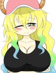  1girl bare_shoulders blush breasts chaoschrome cleavage dragon dragon_girl eyebrows_visible_through_hair hat horns huge_breasts kobayashi-san_chi_no_maidragon long_hair multicolored_hair one_eye_closed quetzalcoatl_(maidragon) simple_background smile solo white_background wink 
