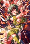  antenna_hair blush comic_megastore green_hair green_legwear long_hair nipples non-web_source open_mouth pointy_ears red_eyes restrained scan solo sonobe_kazuaki sweat thighhighs torn_clothes 