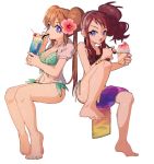  ankea_(a-ramo-do) bangs bikini blue_eyes breasts brown_hair cleavage double_bun food full_body hair_between_eyes highres ice_cream legs long_hair looking_at_viewer medium_breasts mei_(pokemon) midriff multiple_girls navel pokemon pokemon_(game) pokemon_bw pokemon_bw2 ponytail puffy_short_sleeves puffy_sleeves short_sleeves side-tie_bikini simple_background smile sundae swimsuit touko_(pokemon) towel white_background 