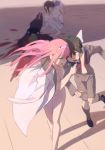  2boys 2girls black_hair blood blue_hair bodysuit breasts cleavage coat coat_on_shoulders darling_in_the_franxx green_eyes grey_legwear grey_shirt grey_shorts hairband hiro_(darling_in_the_franxx) horns ikuno_(darling_in_the_franxx) industry_age long_hair medium_breasts mitsuru_(darling_in_the_franxx) multiple_boys multiple_girls naked_coat pilot_suit pink_hair shirt short_hair shorts smile socks white_bodysuit white_coat zero_two_(darling_in_the_franxx) 