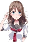  alternate_hair_length alternate_hairstyle amagai_shou blue_eyes blush brown_hair commentary_request eyebrows_visible_through_hair hair_tucking hand_up long_hair love_live! love_live!_sunshine!! neckerchief red_neckwear school_uniform serafuku short_sleeves solo upper_body uranohoshi_school_uniform watanabe_you white_background 