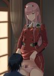  1girl bangs black_hair blunt_bangs blush breasts closed_mouth commentary_request couple cowboy_shot curtains darling_in_the_franxx dress dress_lift ese_shinshi eyes green_eyes groin hair_ornament hair_over_eyes hairband hetero hiro_(darling_in_the_franxx) horns indoors lifted_by_self long_hair long_sleeves looking_down medium_breasts military military_uniform necktie oni_horns orange_neckwear panties panty_pull pink_hair pink_panties pubic_hair red_horns shiny shiny_hair small_breasts standing straight_hair sweat tattoo underwear uniform upper_body very_long_hair white_hairband window zero_two_(darling_in_the_franxx) 