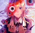  anemone_(flower) bangs black_jacket black_ribbon blue_eyes blurry brown_hair check_commentary collared_jacket collared_shirt commentary_request crying crying_with_eyes_open depth_of_field fate/grand_order fate_(series) floating_hair flower hair_over_one_eye half-closed_eyes hands hands_up happy_tears jacket light_particles light_rays long_hair long_sleeves looking_at_viewer minami_leo neck_ribbon ophelia_phamrsolone parted_bangs ribbon shirt simple_background smile solo straight_hair teardrop tearing_up tears upper_body 