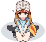  baseball_cap boots brown_eyes clothes_writing flag from_above hat hataraku_saibou long_hair looking_at_viewer orange_hair platelet_(hataraku_saibou) sitting solo wariza wavy_mouth white_background yoru_nai 