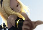  bare_shoulders blonde_hair blurry blurry_foreground dark_skin depth_of_field gravity_daze hairband kitten_(gravity_daze) long_hair looking_at_viewer mero_(hope7518) pointing pointing_at_viewer red_eyes scarf solo 