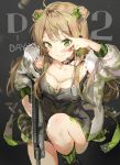  anmi arm_up bangs blush bow breasts brown_hair bullpup cleavage closed_mouth commentary_request counting dog_tags double_bun dress eyebrows_visible_through_hair fur_trim girls_frontline green_bow green_eyes green_legwear gun hair_bow headset holding holding_gun holding_weapon jacket kel-tec kel-tec_rfb long_hair looking_at_viewer medium_breasts open_clothes open_jacket rfb_(girls_frontline) rifle short_dress smile solo striped striped_legwear v weapon 