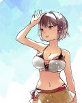  bare_shoulders bikini breasts brown_bikini_bottom brown_eyes brown_hair cleavage commentary eyebrows_visible_through_hair hyuuga_(kantai_collection) kantai_collection large_breasts midriff navel open_mouth seshiya short_hair solo swimsuit upper_body white_bikini_top 