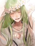  androgynous blush closed_eyes enkidu_(fate/strange_fake) facing_viewer fate/strange_fake fate_(series) green_hair hands_up head_wreath long_hair mizutame_tori open_mouth signature simple_background smile very_long_hair white_background wide_sleeves 