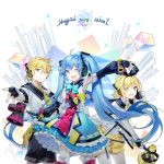  2girls :d ;d armpits black_gloves black_shorts blonde_hair blue_bow blue_eyes blue_hair blue_skirt bow bowtie cowboy_shot detached_sleeves fingerless_gloves gloves hair_between_eyes hair_ornament hairclip hand_in_hair hatsune_miku headphones holding holding_microphone kagamine_len kagamine_rin layered_skirt leaning_forward long_hair looking_at_viewer magical_mirai_(vocaloid) microphone multiple_girls necktie one_eye_closed open_mouth popuru shirt short_hair short_shorts short_sleeves shorts skirt sleeveless sleeveless_shirt smile standing thighhighs twintails very_long_hair vocaloid white_background white_legwear white_shirt yellow_neckwear yellow_shorts 