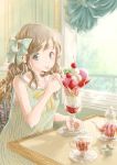  absurdres arm_up bare_arms breasts brown_hair cafe camisole chair cherry collarbone cup curtains dress food fruit green_eyes hair_ribbon hand_rest highres hoshiibara_mato ice_cream indoors long_hair looking_at_viewer original parfait raspberry ribbon sitting sleeveless sleeveless_dress small_breasts smile solo spoon spoon_in_mouth strawberry striped striped_dress striped_ribbon sugar_cube table teacup teapot upper_body white_camisole window 