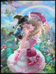  black_hair blonde_hair boots bow closed_eyes cloud copyright_name doll dress flower hat highres leaf legend_of_the_cryptids long_hair official_art rainbow sky solo sparkle tree yu-han_chen 