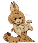 :d animal_ears bangbaek bangs bare_shoulders bow bowtie breasts elbow_gloves extra_ears gao gloves hair_between_eyes high-waist_skirt kemono_friends looking_at_viewer medium_breasts open_mouth paw_pose round_teeth sepia serval_(kemono_friends) serval_ears serval_print serval_tail shirt short_hair simple_background skirt sleeveless sleeveless_shirt smile solo striped_tail tail teeth translated white_background 