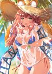  animal_ear_fluff animal_ears arm_under_breasts bikini bikini_under_clothes blue_bikini blush breast_hold breasts collarbone day ears_through_headwear fang fate/grand_order fate_(series) fox_ears fox_shadow_puppet fox_tail hat highres innertube john_zhang large_breasts looking_at_viewer nature ocean open_mouth outdoors palm_tree pink_hair see-through shirt side-tie_bikini solo straw_hat swimsuit tail tamamo_(fate)_(all) tamamo_no_mae_(swimsuit_lancer)_(fate) tree wet wet_clothes wet_shirt wet_t-shirt yellow_eyes 