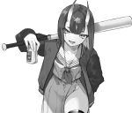  :d alcohol alternate_costume baseball_bat beer beer_can can commentary_request cowboy_shot fate/grand_order fate_(series) greyscale highres holding holding_can jacket letterman_jacket looking_at_viewer monochrome niku_(fjs_1018) oni_horns open_mouth school_uniform serafuku short_hair shuten_douji_(fate/grand_order) simple_background smile white_background 