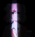  artist_name blush commentary crying crying_with_eyes_open doki_doki_literature_club english_commentary eyebrows_visible_through_hair eyes_visible_through_hair hair_ornament hair_ribbon hairclip highres looking_at_viewer natsuki_(doki_doki_literature_club) off_shoulder parted_lips pink_eyes pink_hair red_ribbon ribbon savi_(byakushimc) school_uniform short_hair solo tears two_side_up upper_body 