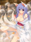  absurdres animal_ears blue_hair breasts fox_ears fox_tail highres kimono_removed kitsune kozureokami20 long_hair multiple_tails nude original simple_background smile solo tail yuuki_hagure 