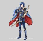  armor arrow blue_eyes blue_hair bow_(weapon) cape fire_emblem fire_emblem:_kakusei fire_emblem_heroes full_body holding holding_weapon long_hair lucina official_art simple_background solo tiara weapon yamada_koutarou 