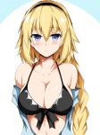  absurdres arms_behind_back black_bikini_top black_hairband blonde_hair blue_eyes blush braid commentary_request fate/grand_order fate_(series) hairband highres isshii13 jeanne_d'arc_(fate)_(all) jeanne_d'arc_(swimsuit_archer) long_hair looking_at_viewer single_braid swimsuit 