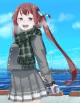  :d asagumo_(kantai_collection) blue_eyes brown_hair can cowboy_shot green_scarf grey_jacket grey_skirt hair_ribbon holding holding_can jacket kantai_collection long_hair looking_at_viewer open_mouth plaid plaid_scarf pleated_skirt ribbon scarf skirt smile solo takuzui twintails 