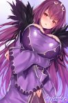  arm_under_breasts bangs blush breast_hold breasts bursting_breasts cleavage commentary dress dutch_angle fate/grand_order fate_(series) from_below fur_trim hair_between_eyes huge_breasts jewelry long_hair looking_at_viewer open_mouth parted_lips purple_dress purple_hair red_eyes scathach_(fate)_(all) scathach_skadi_(fate/grand_order) solo tiara wide_sleeves xayux 