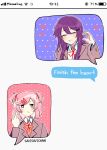  :/ ^_^ artist_name closed_eyes commentary doki_doki_literature_club english english_commentary eyebrows_visible_through_hair frown hair_ornament hairclip heart long_hair middle_finger multiple_girls natsuki_(doki_doki_literature_club) pink_eyes pink_hair purple_hair savi_(byakushimc) school_uniform short_hair smile text_messaging two_side_up yuri_(doki_doki_literature_club) 