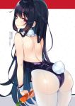  alternate_costume ass backless_outfit bangs bare_arms bare_back bare_shoulders black_hair blurry blush breasts bunny_tail bunnysuit carrot commentary_request cowboy_shot detached_collar eyebrows_visible_through_hair fake_tail food frilled_shirt_collar frills from_behind highres holding holding_food houraisan_kaguya leaning_forward leotard long_hair looking_at_viewer looking_back medium_breasts mirei pantyhose polka_dot polka_dot_background purple_eyes sidelocks smile solo standing tail touhou very_long_hair white_background white_legwear wrist_cuffs 