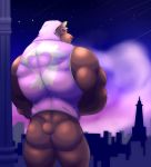 bear blonde_hair bottomless brown_fur building butt clothed clothing fur hair hoodie invalid_tag male mammal muscular muscular_male outside pink_eyes rheobear star 